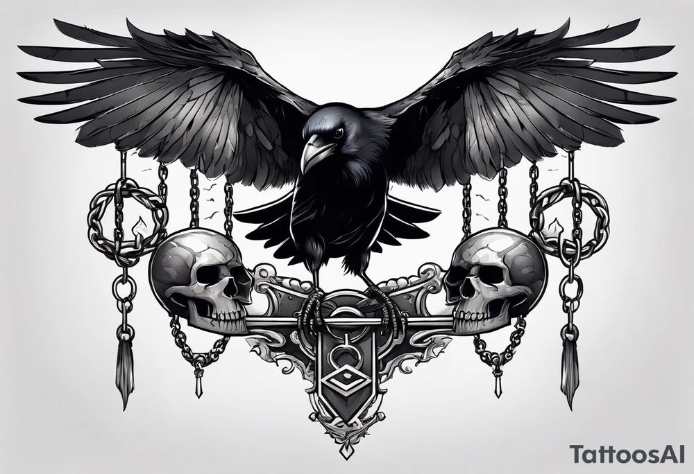 A raven with two skulls hanging from its talons by an old chain tattoo idea