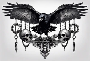 A raven with two skulls hanging from its talons by an old chain tattoo idea