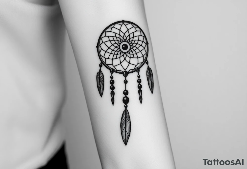 native dreamcatcher with flowing feathers and sacred beads tattoo idea