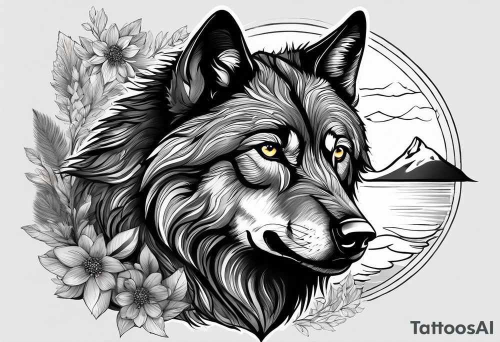 Create a tattoo of a black wolf with mountain/lake but different full selves tattoo idea
