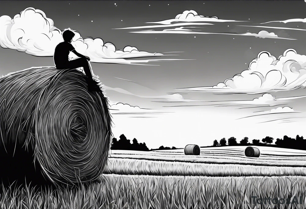A boy sitting on top of a twisted bale of hay in a field where you can see the same bales of hay in the distance, and a tattoo idea