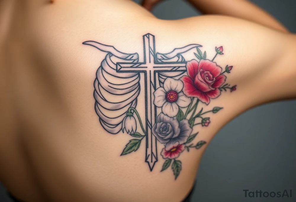 A tattoo with ribs and a cross representing from death to life. Incorporate the following flowers in a bouquet coming out of the life side. Morning Glory, Lily of the Valley, Daffodil, Rose, Poppy, Violet tattoo idea