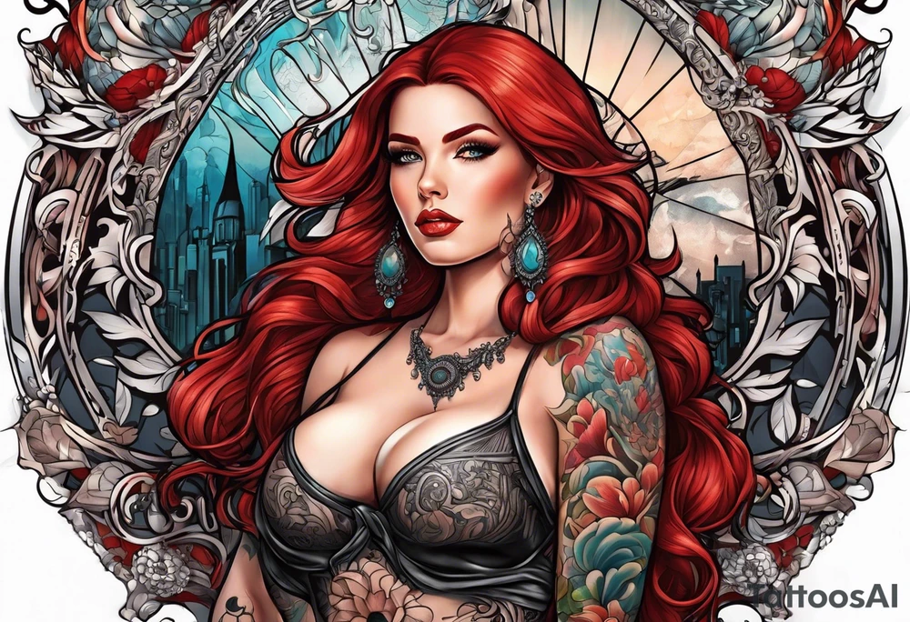 Busty Red haired woman with black haired bearded man tattoo idea