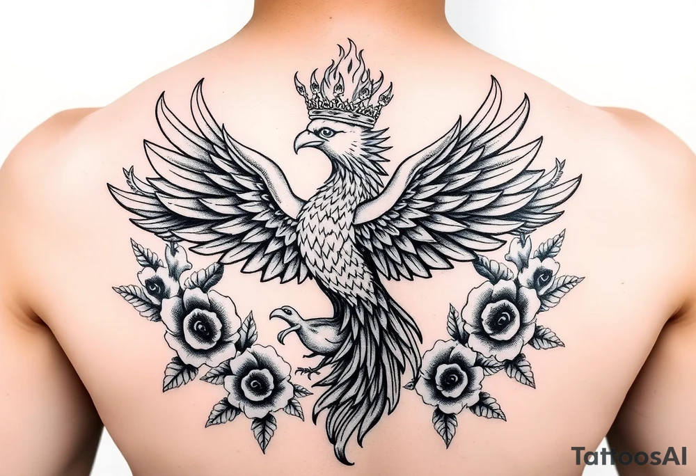 powerful majestic phoenix with crown of fire, surrounded by floral ornaments and birds tattoo idea