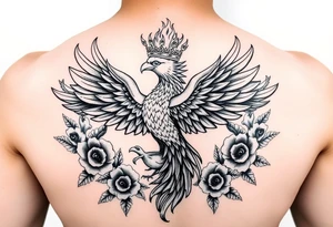 powerful majestic phoenix with crown of fire, surrounded by floral ornaments and birds tattoo idea