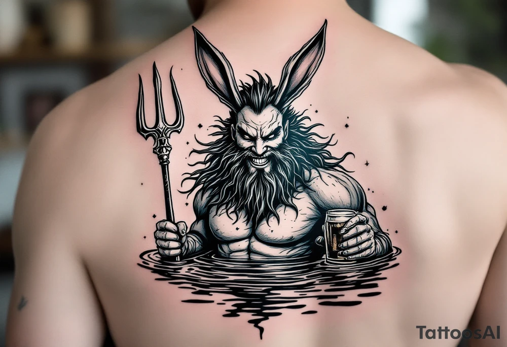 smiling poseidon in calm water, holding a trident, holding a beer, with bunny ears tattoo idea