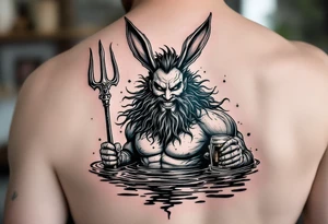 smiling poseidon in calm water, holding a trident, holding a beer, with bunny ears tattoo idea