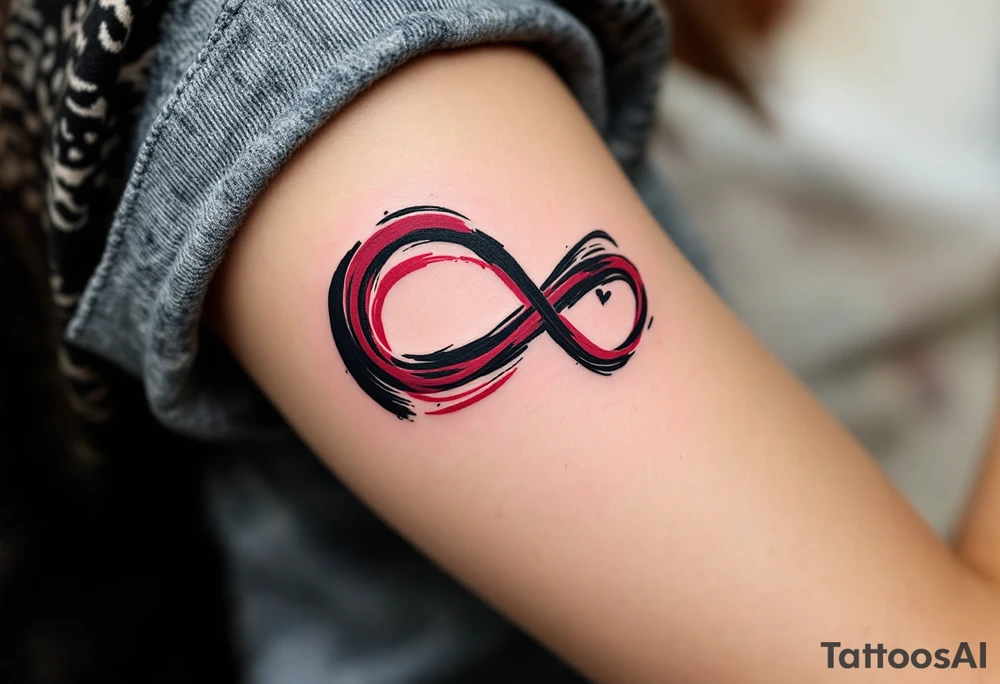 A brushstroke-style infinity loop in shades of black and wine red, forming a heart on one side. tattoo idea