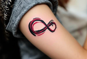 A brushstroke-style infinity loop in shades of black and wine red, forming a heart on one side. tattoo idea