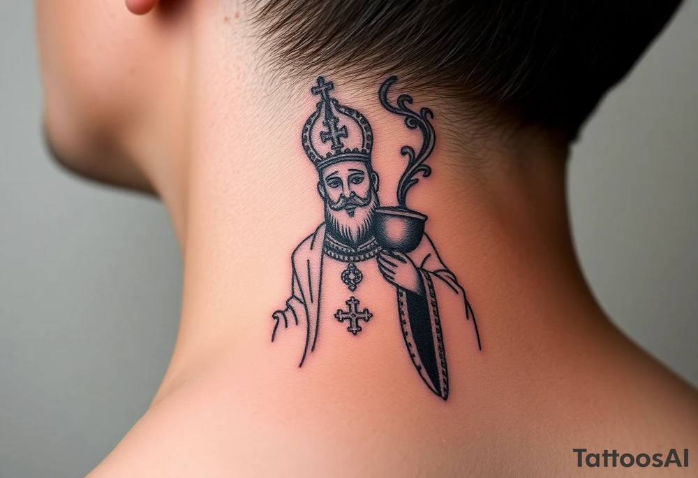 Russian Orthodox Priest in fully detailed vestment swinging a censer with smoke curling upward tattoo idea