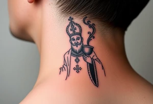 Russian Orthodox Priest in fully detailed vestment swinging a censer with smoke curling upward tattoo idea