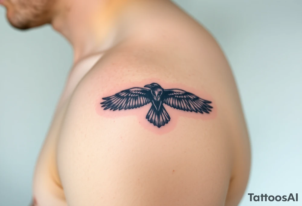 A detailed raven in mid-flight, wings spread wide with intricate feather patterns, symbolizing Tris’s journey, representing sci fi movie Divergent tattoo idea