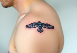 A detailed raven in mid-flight, wings spread wide with intricate feather patterns, symbolizing Tris’s journey, representing sci fi movie Divergent tattoo idea