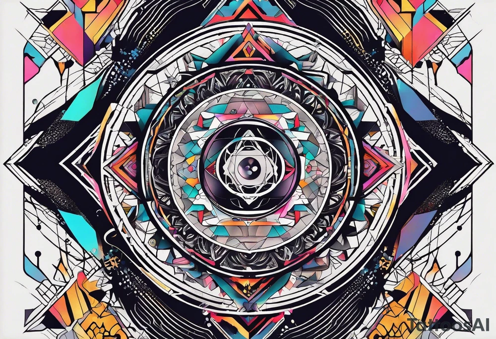 A tattoo design featuring geometric patterns and symbols inspired by psytrance and techno music, creating a unique and futuristic look. tattoo idea