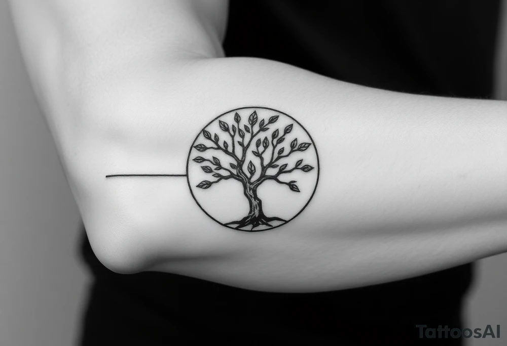 Tree with few leaves, encircled in a circle, with a line starting from the left side of tree and spiraling outward in a clockwise direction tattoo idea