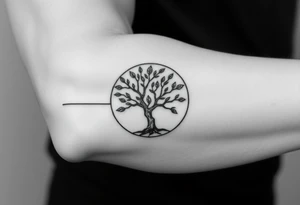 Tree with few leaves, encircled in a circle, with a line starting from the left side of tree and spiraling outward in a clockwise direction tattoo idea