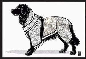a golden retriever in a jujitsu gi full body view tattoo idea