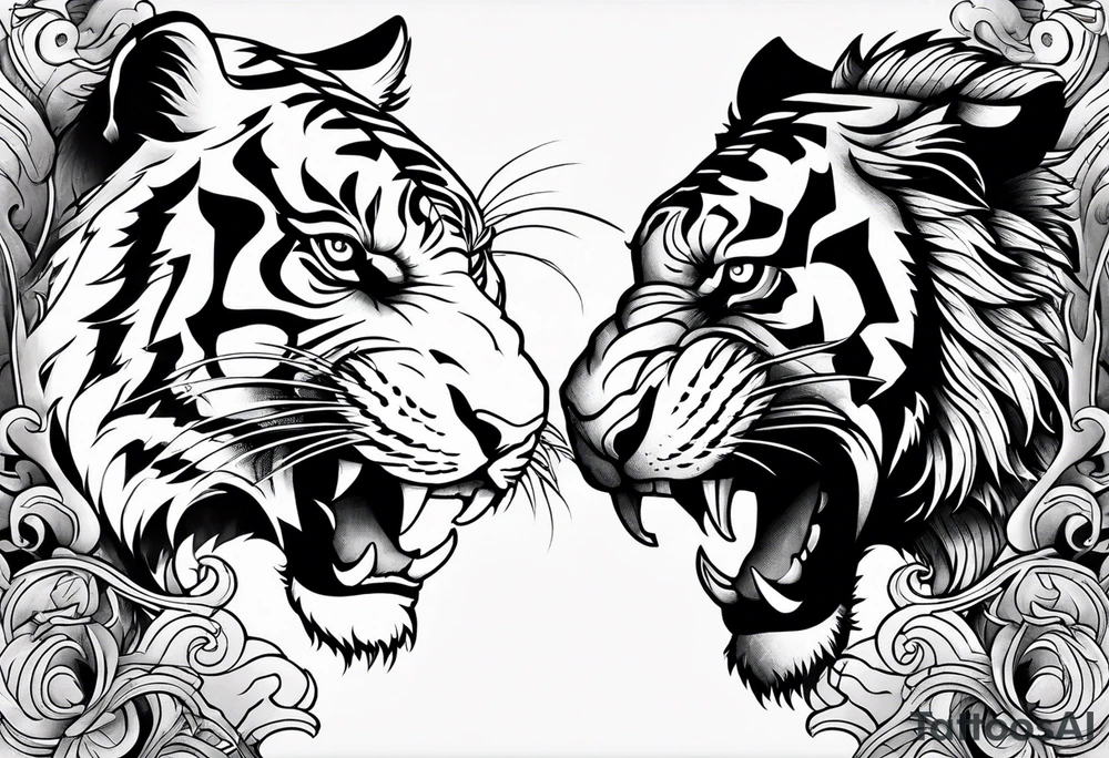 tiger on shoulder and dragon on bicep ying yang contrast tattoo idea