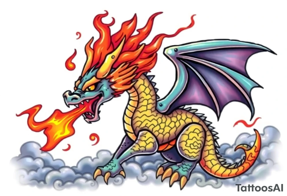 fierce dragon breathing iridescent fire against stormy skies tattoo idea