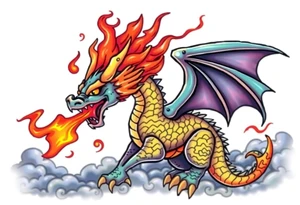 fierce dragon breathing iridescent fire against stormy skies tattoo idea