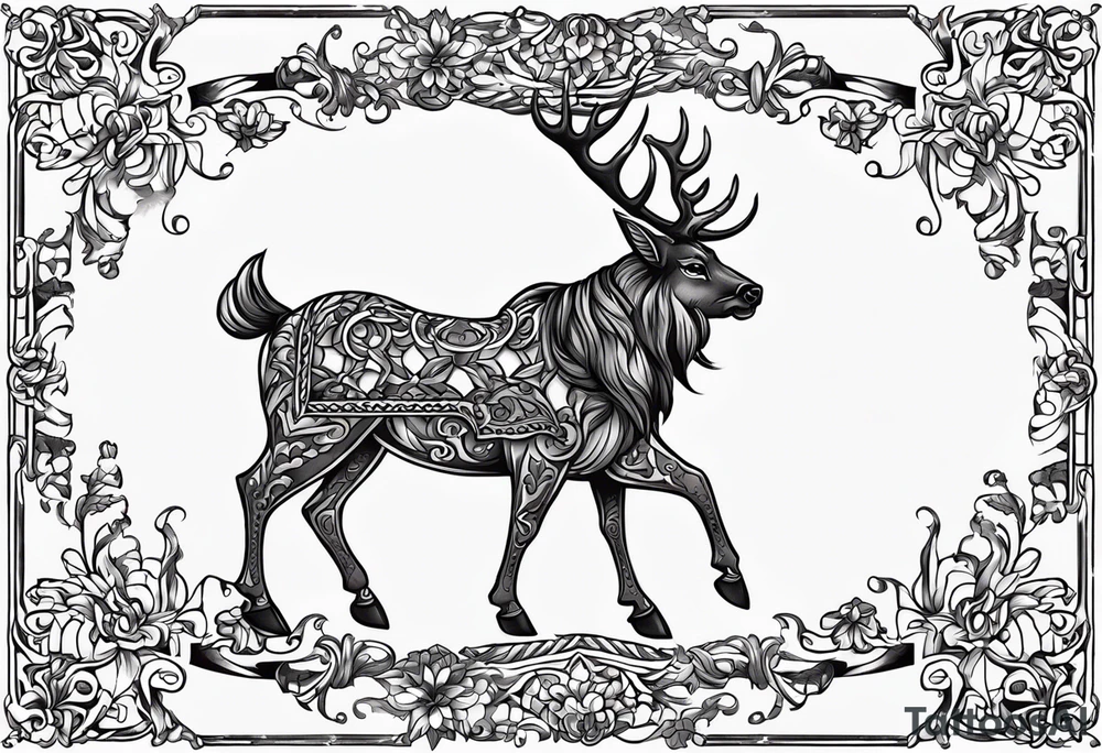 draw me a tattoo on a white background in color in tattoo style 
There will be a rope going down from it 
To which Santa Claus's sleigh is tied, but in the sleigh with reindeer there will be a krampus instead of a grandfather and they will be surrounded by a large snowflake tattoo idea
