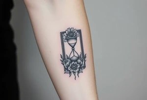 Death tarot card surrounded by a flower and hour glass tattoo idea