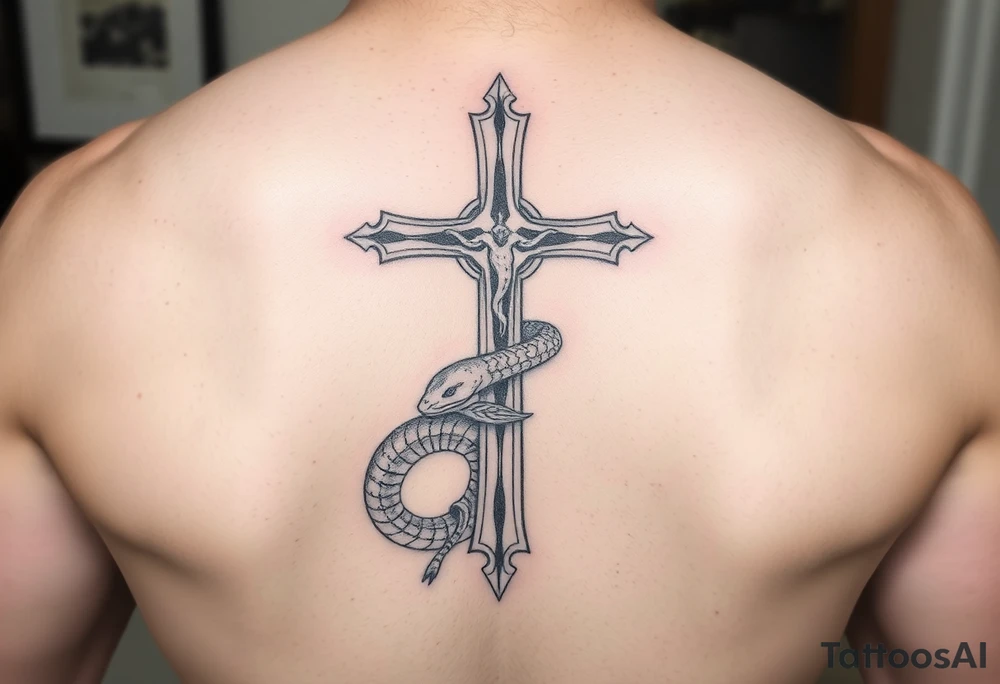 A cross slaying the snake tattoo idea