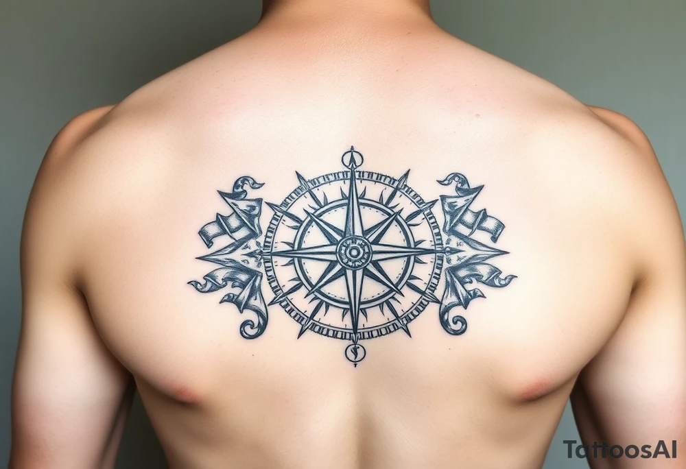 Chest tattoo with Roman stoic theme with sun dial compass tattoo idea