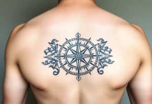 Chest tattoo with Roman stoic theme with sun dial compass tattoo idea