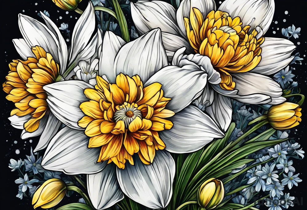 Narcissus, CHRYSANTHEMUM, COSMOS, SNOW DROP in bouquet w stems tattoo idea