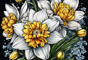 Narcissus, CHRYSANTHEMUM, COSMOS, SNOW DROP in bouquet w stems tattoo idea