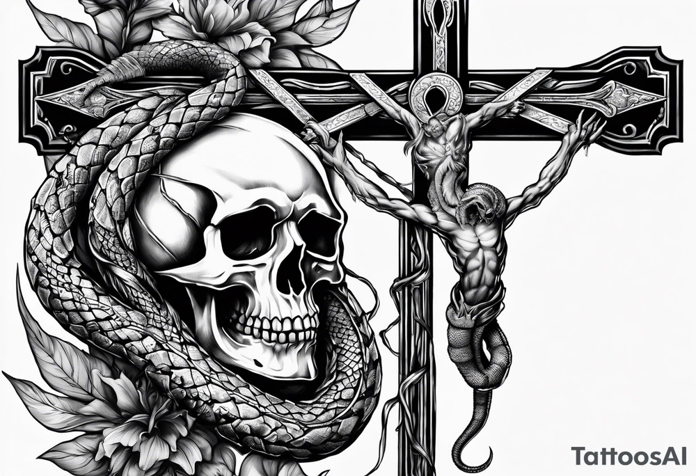 show a dead serpent, and dead scorpion both crushed by a crucifix/cross tattoo idea