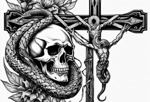 show a dead serpent, and dead scorpion both crushed by a crucifix/cross tattoo idea