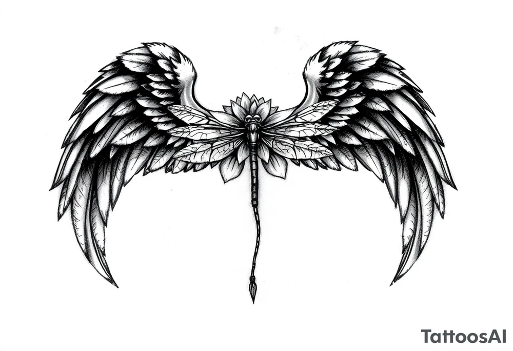 Angel wing that will stretch midway down bicep with a floral waterlily and dragonfly design above it tattoo idea