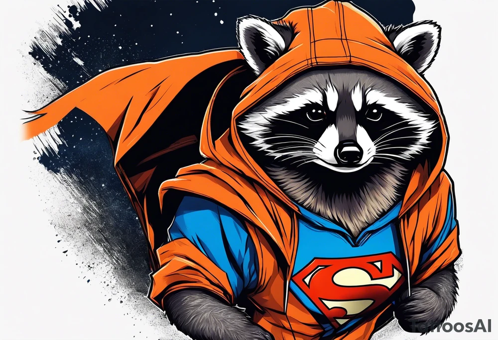Raccoon wearing an orange Superman hoodie tattoo idea