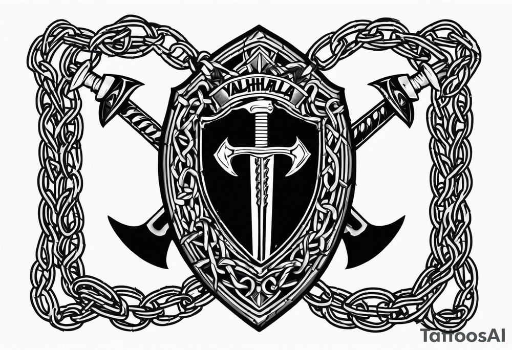 Valhalla  sword shield axe barbed wire chains tattoo idea