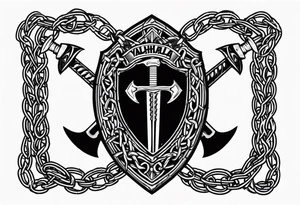 Valhalla  sword shield axe barbed wire chains tattoo idea