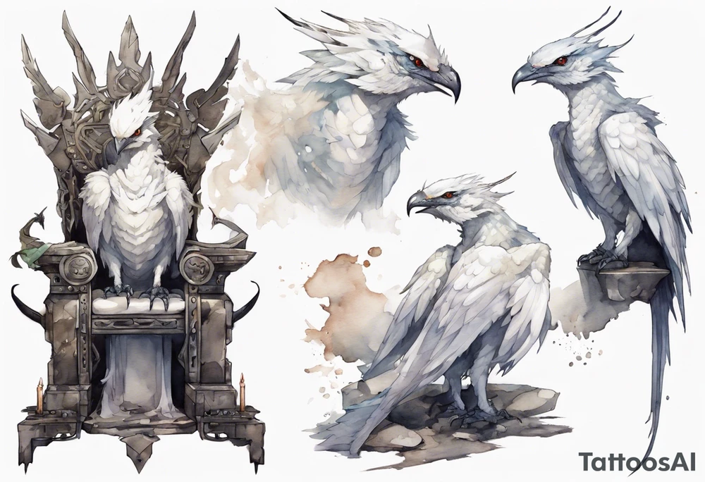 a white bird-wyvern hybrid wearing a plain iron band around leg, perched on a stone throne tattoo idea