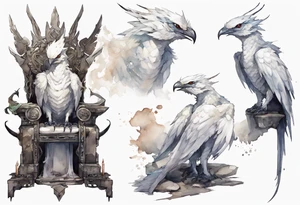 a white bird-wyvern hybrid wearing a plain iron band around leg, perched on a stone throne tattoo idea