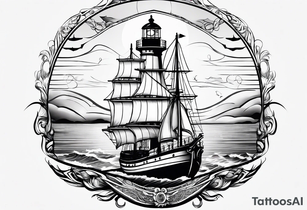 maritime lighthouse in a front view sailboat serving as a mast for a sail. tattoo idea