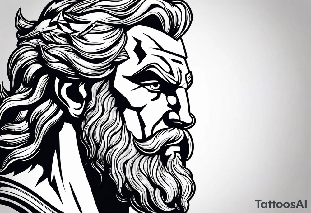 At the heart of this Greek mythology tattoo stands Zeus, the king of the gods, portrayed in a commanding and majestic pose. Zeus is depicted in three-quarter view, with his muscular form accentuated by fine black and grey shading. His expression is fierce and determined, with a full beard and flowing hair adding to his regal appearance. He holds a thunderbolt in his raised hand, ready to unleash its power, while storm clouds gather around him, crackling with energy.

Surrounding Zeus are elements that highlight his dominion and influence. To one side, an eagle, his sacred animal, soars with its wings spread wide, symbolizing strength and vigilance. Below Zeus, the mighty Mount Olympus rises, shrouded in mist and framed by ancient Greek columns. In the background, subtle depictions of other gods and goddesses, such as Hera and Hermes, can be seen, paying homage to the pantheon over which Zeus reigns supreme.

The design is enriched with intricate details like laurel wreaths and olive branches, symbols of victory and peace, intertwined around the composition. The entire tattoo is crafted with a mix of bold lines and delicate shading, with occasional highlights of gold to emphasize the divine and majestic nature of Zeus.

This tattoo design captures the power, authority, and grandeur of Zeus, making it a striking tribute to Greek mythology. tattoo idea