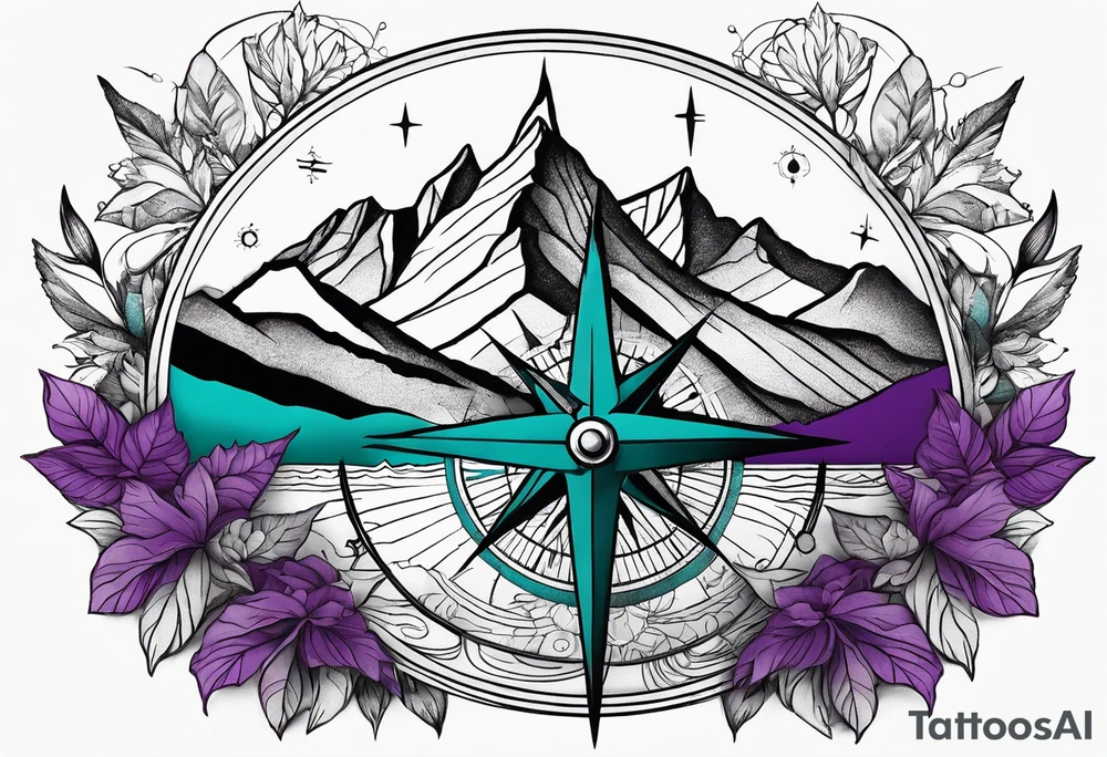 Mountain with a compass rose behind it. Teal and Purple nature in front. tattoo idea