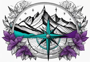 Mountain with a compass rose behind it. Teal and Purple nature in front. tattoo idea