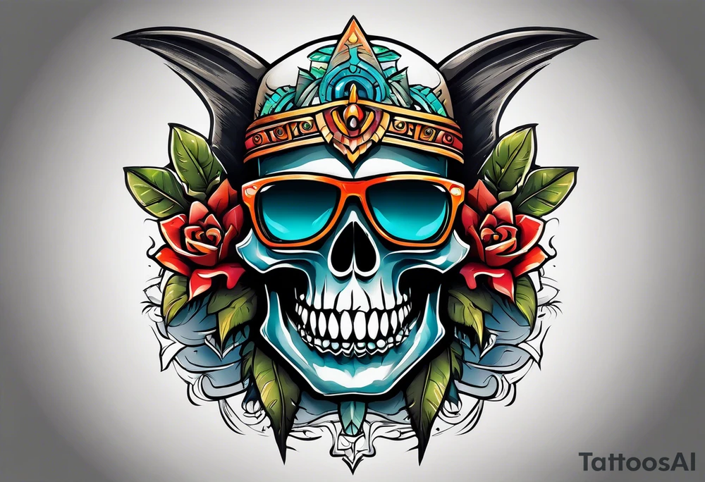 Colorful Mayan skull wearing sunglasses with bats water and cave tattoo idea