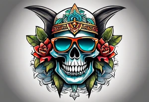 Colorful Mayan skull wearing sunglasses with bats water and cave tattoo idea