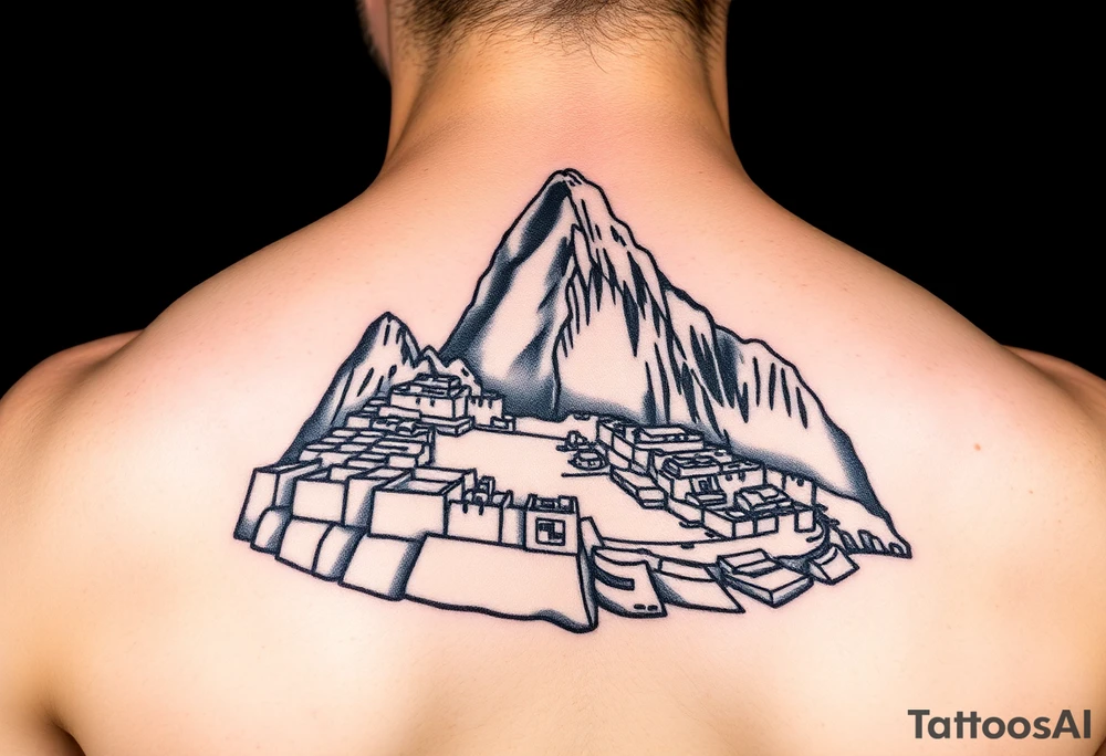 Mahcu Picchu in solid black and white only tattoo idea
