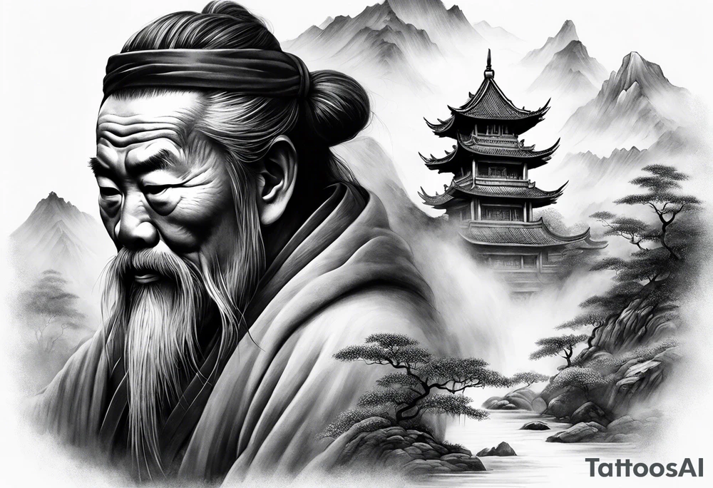 forearm sleeve traditional chinese art painting Chinese temple two old philosophers wearing robes and drinking tea mountains mist fog waterfall tattoo idea