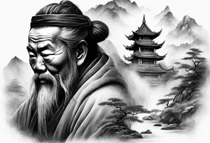 forearm sleeve traditional chinese art painting Chinese temple two old philosophers wearing robes and drinking tea mountains mist fog waterfall tattoo idea