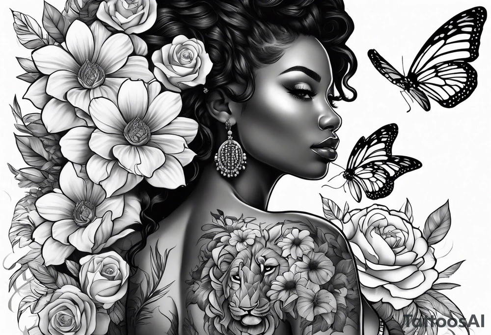 Full body black woman with a lion, butterflies and flowers tattoo idea