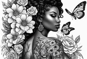 Full body black woman with a lion, butterflies and flowers tattoo idea